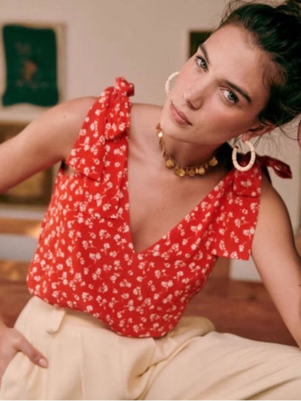 NWT SEZANE Lara Blouse in Coral Flowers, Red Floral Tie-Shoulder V-Neck Tank Top